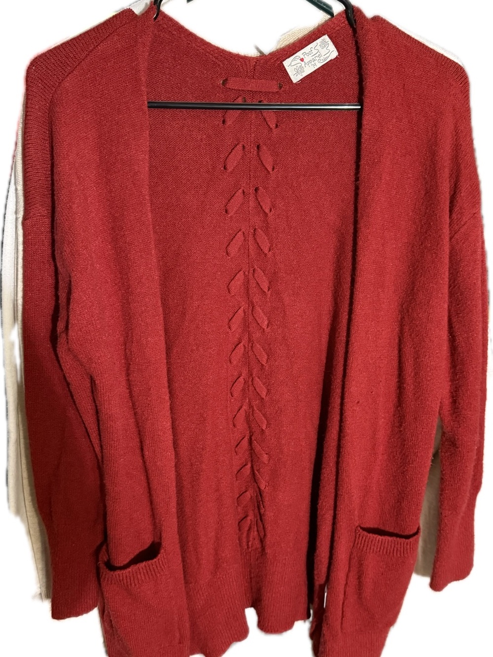 Poof! Open-Front Brick Red Cardigan with Ladder Stitch Detail